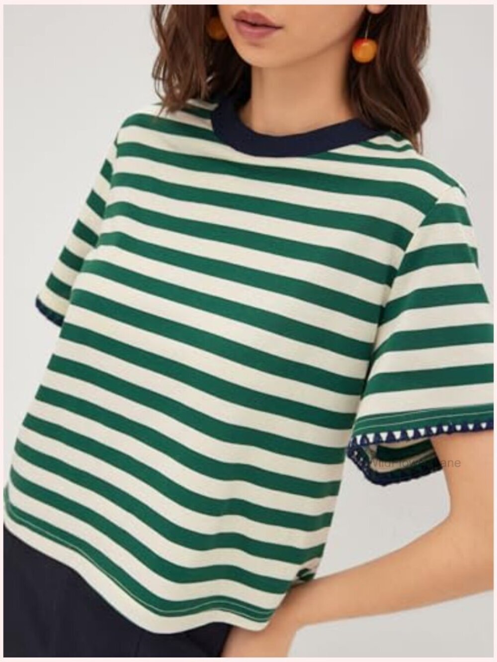Oversized Striped Crop Tee Cotton-Blend Short Sleeve Crew Neck - Picture 4 of 7